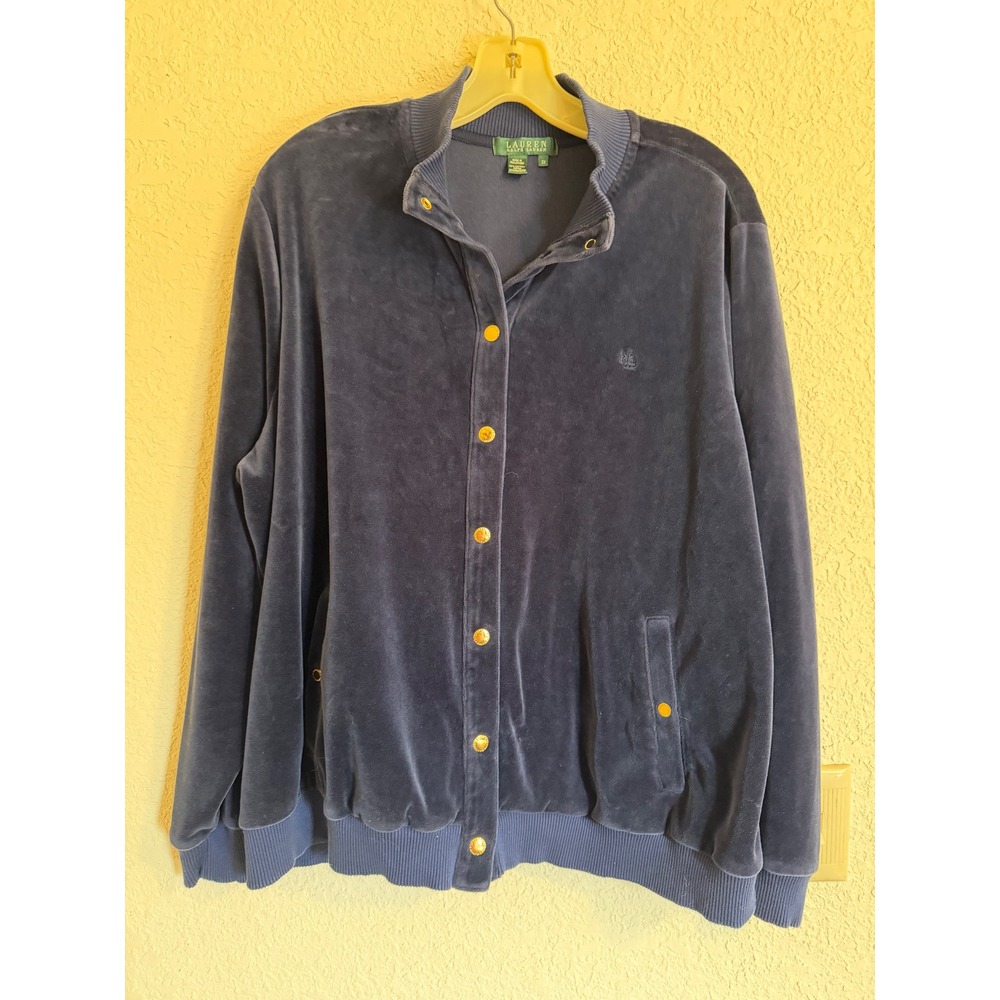 Lauren Ralph Lauren Blue Velour Snap Front Bomber Jacket Womens 3X Gold Snap